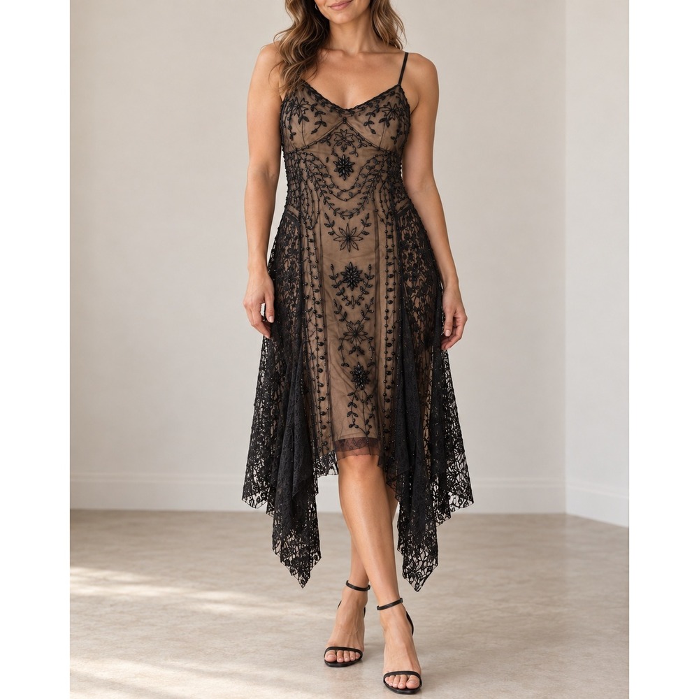 Vintage y2k Scala Black Lace Beaded Handkerchief Hem Evening Dress XL Glam Prom